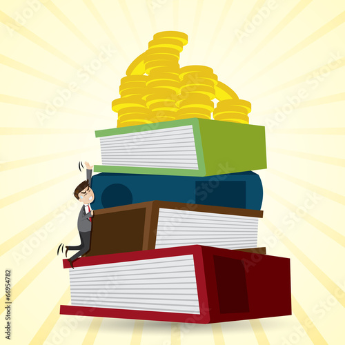 cartoon businessman climbing stack of folder to get money