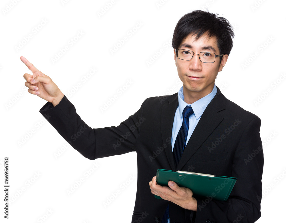 Asian businessman with clipboard and finger point out Asian businessman with clipboard and finger point out