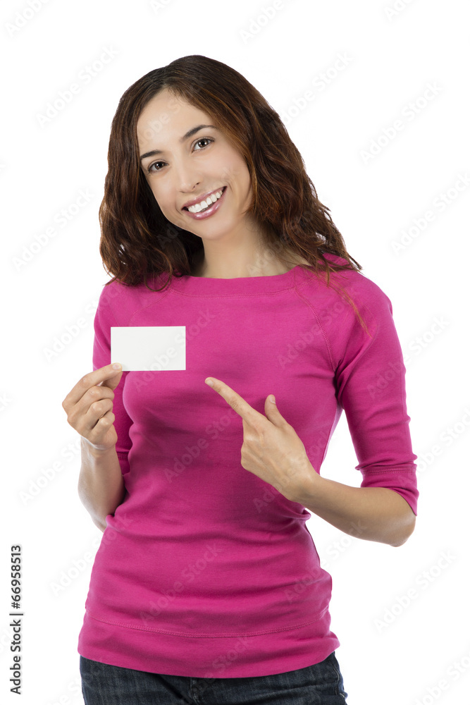 Smiling caucasian woman showing an empty sign card Smiling caucasian woman showing an empty sign card