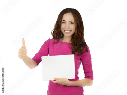 Woman holding a blank white board with thumb up