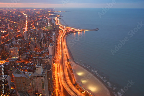 Chicago Lake Shore Drive Aerial View at twilight photo