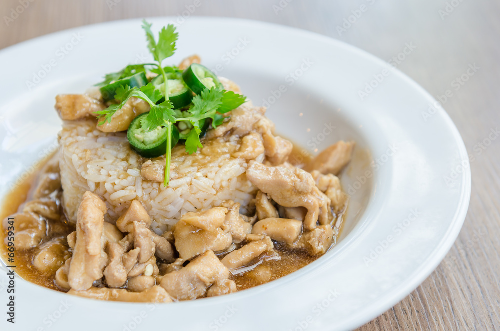 Chicken with brown sauce on rice Chicken with brown sauce on rice