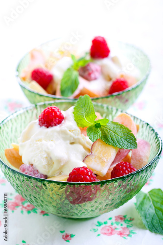 Fresh fruits  berry and ice cream dessert