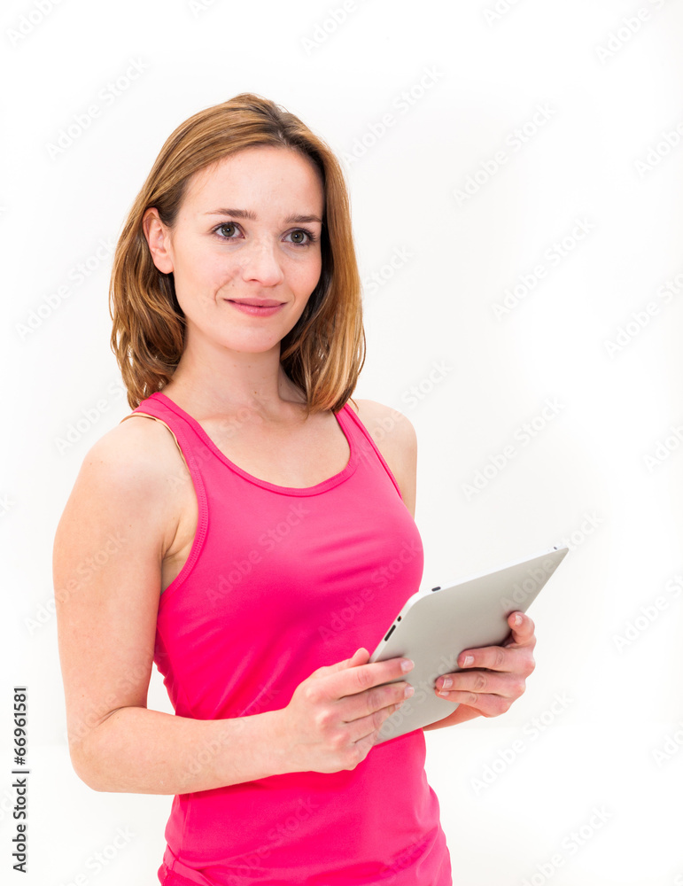 woman holding in hand a tablet touch pad, on a white background woman holding in hand a tablet touch pad, on a white background