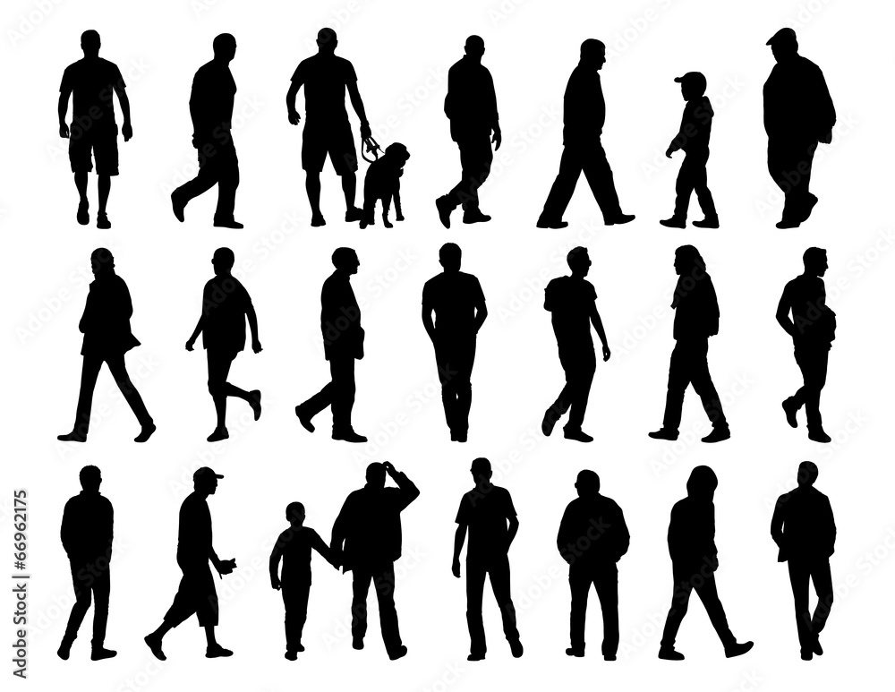 big set of men walking silhouettes - obrazy, fototapety, plakaty 