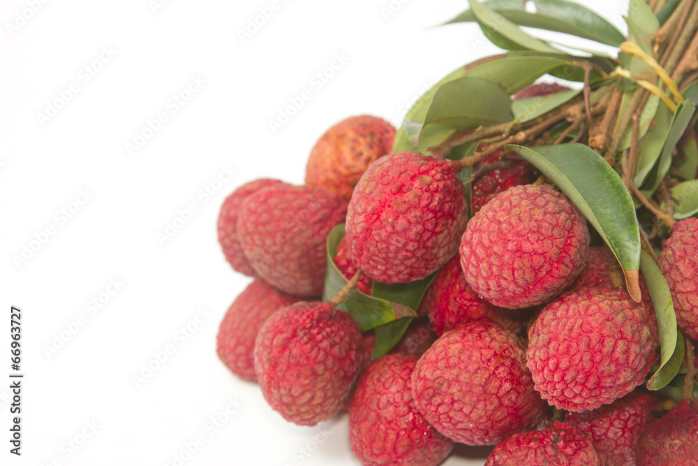 Fresh lychees with leaves Fresh lychees with leaves