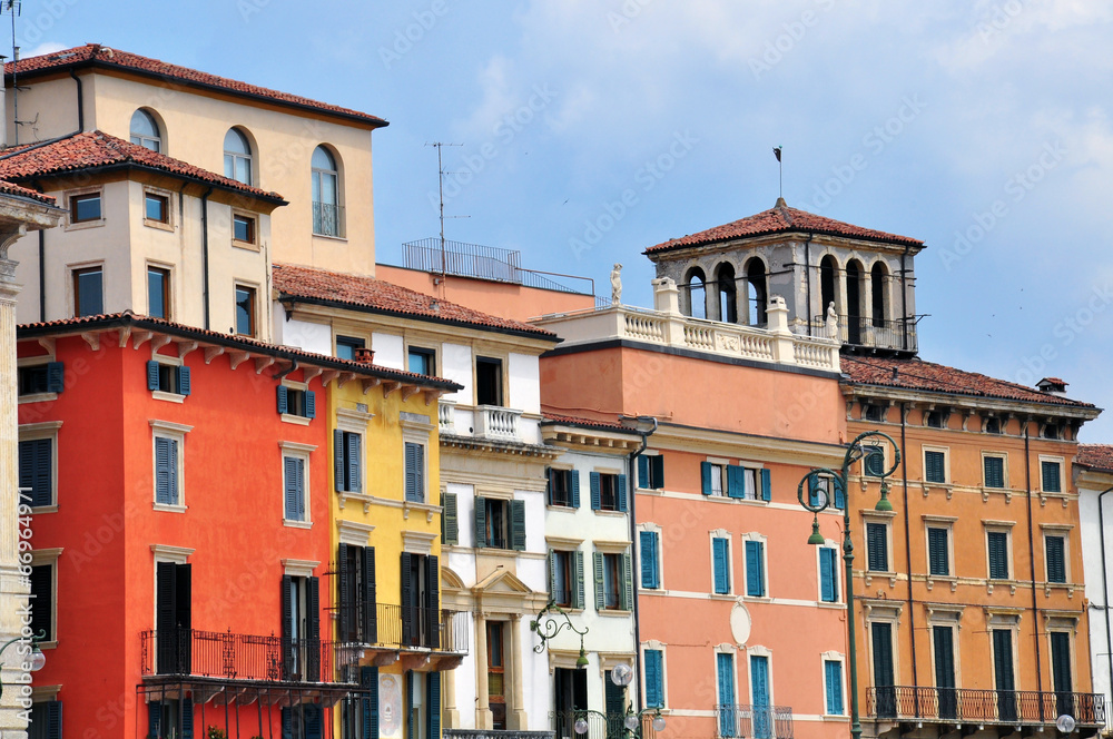 Facade of multicolor houses in Verona