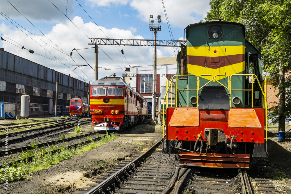 Locomotives on the railway in the Roundhouse of Yelets, Russia Locomotives on the railway in the Roundhouse of Yelets, Russia