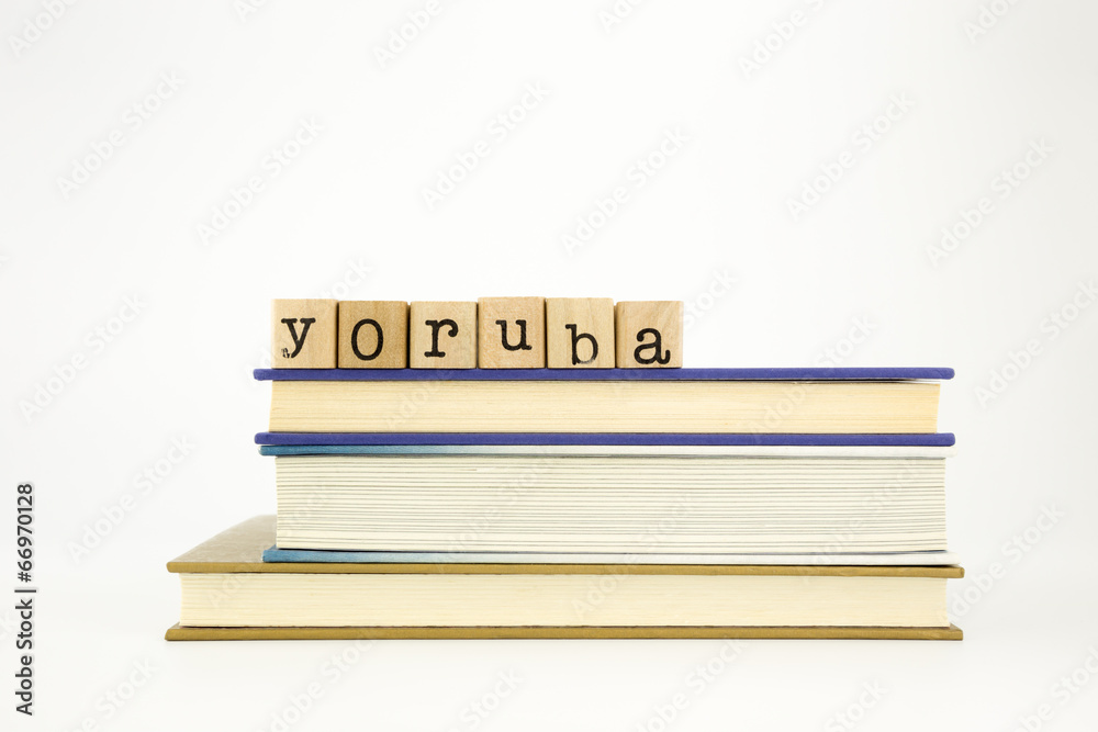 yoruba language word on wood stamps and books