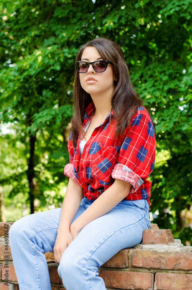 Obraz premium girl in red checked shirt