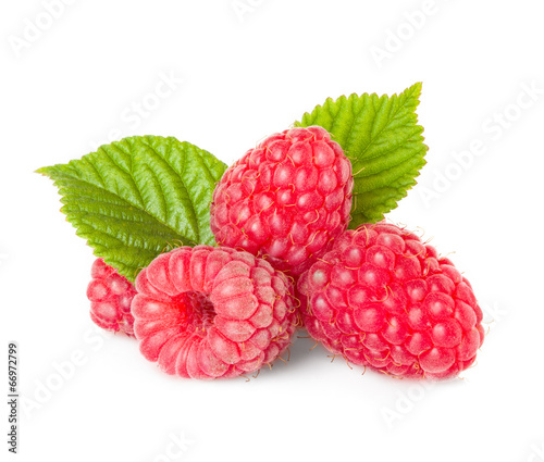 Raspberries with leaves isolated on white background