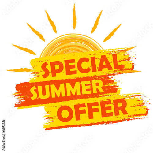 special summer offer with sun sign, yellow and orange drawn labe