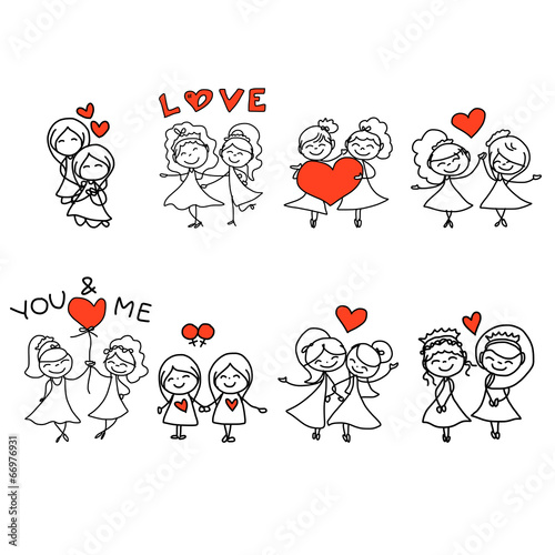 hand drawing cartoon happy couple wedding