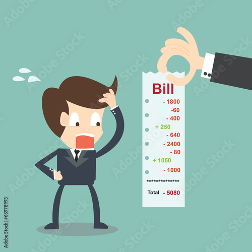 Worried Businessman looking his bills. Finance concept.