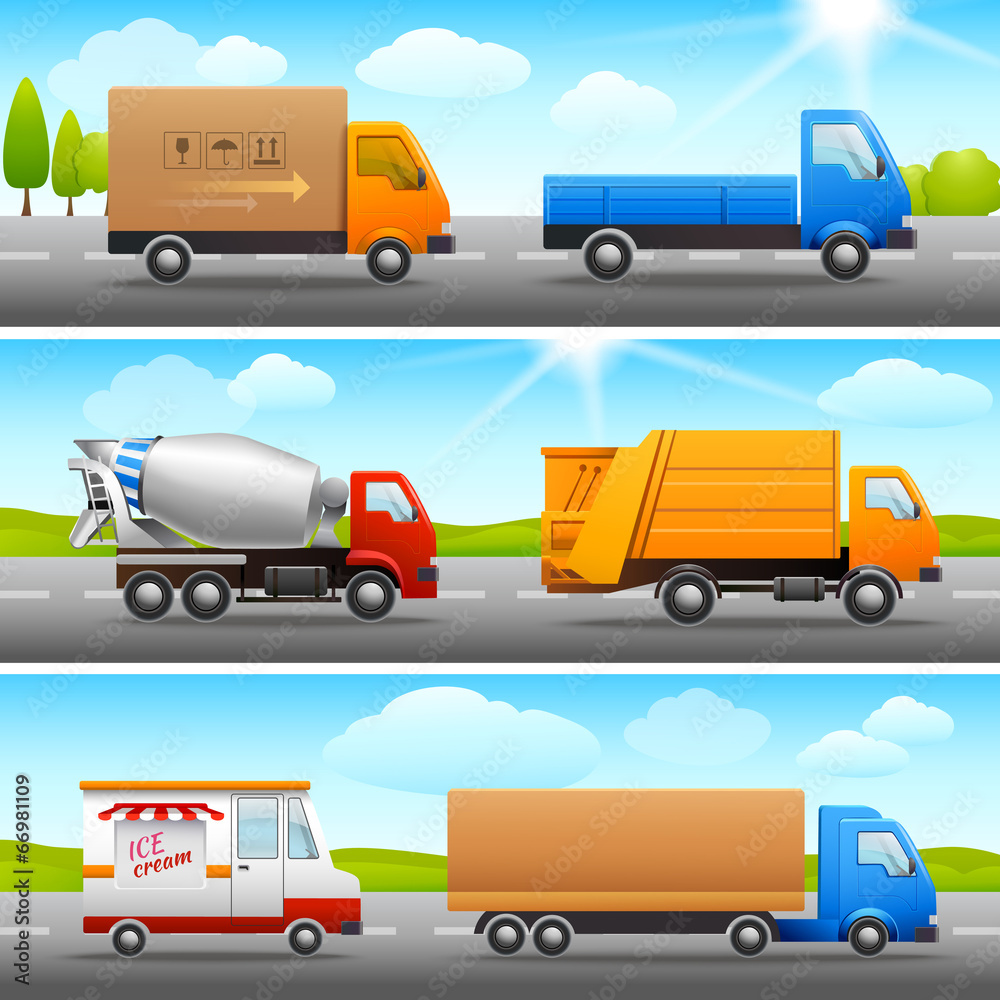 Realistic truck icons on road