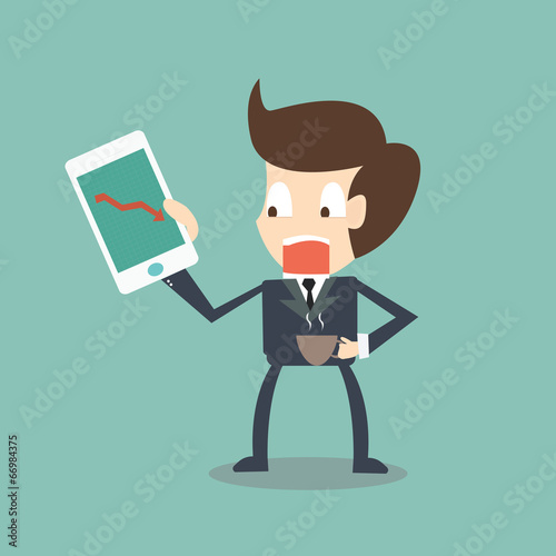 Stressful businessman looking arrow statistic on screen of smart