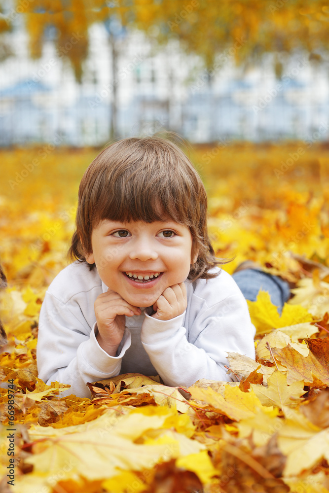 happy boy in leaves of autumn lies happy boy in leaves of autumn lies
