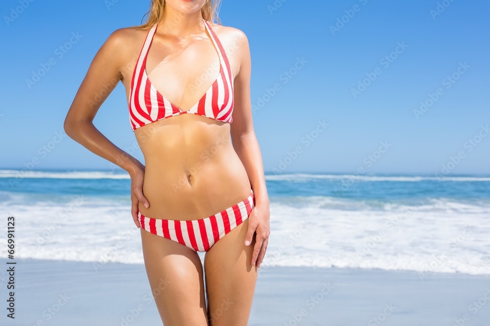 Mid section of fit woman in bikini on the beach