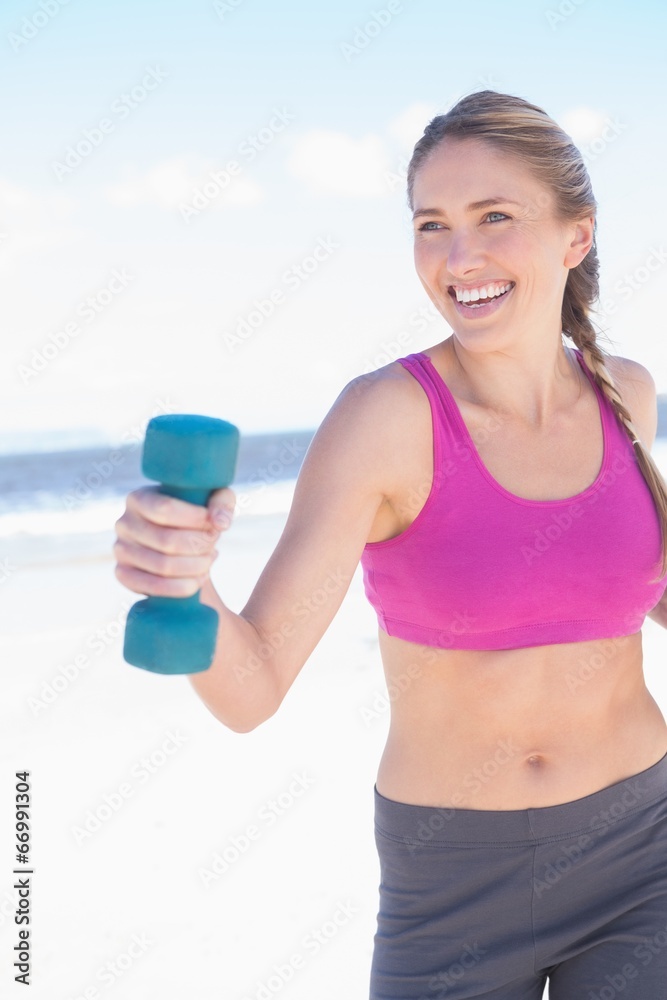 Fit woman working out with dumbbells on the beach Fit woman working out with dumbbells on the beach