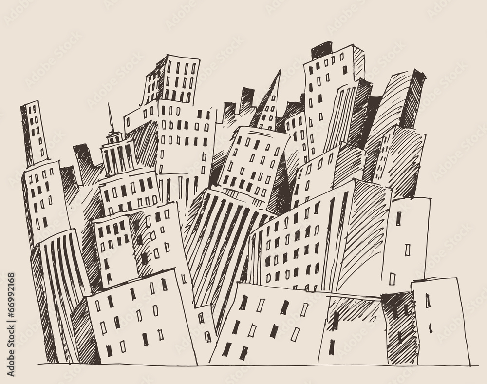 big city, architecture, engraved illustration, sketch