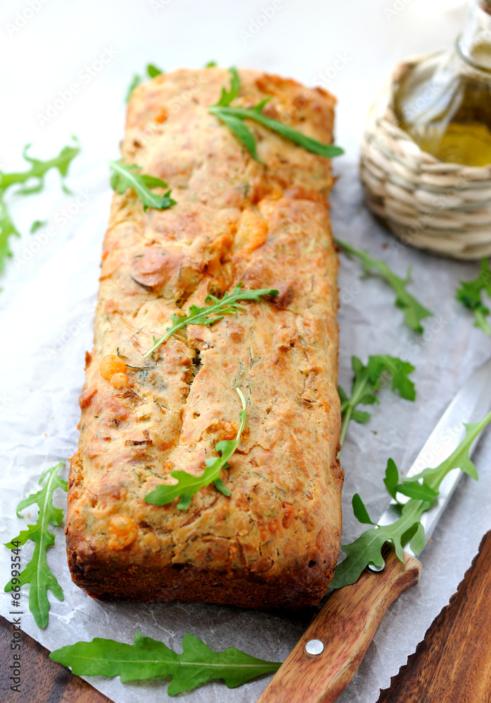 Bread with cheese and dill, decorated with arugula. Bread with cheese and dill, decorated with arugula.