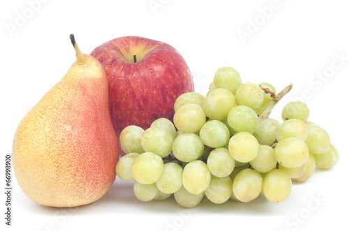 Fresh pear grape and apple isolated on white background.