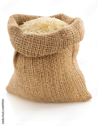 rice in sack bag on white