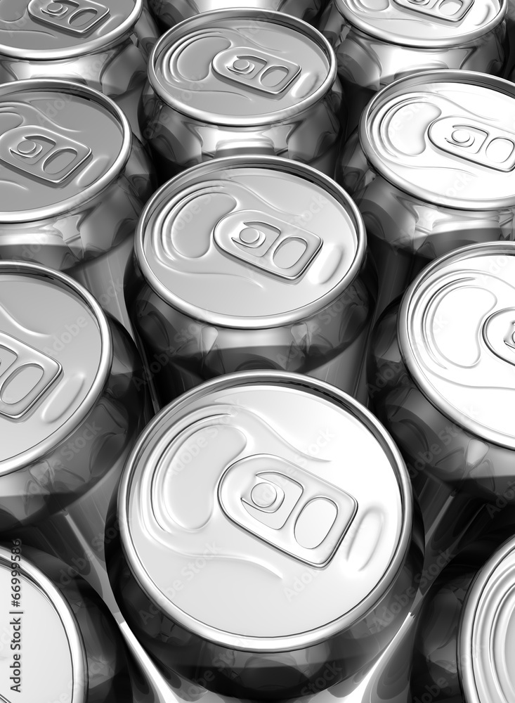 Close up aligned soda cans