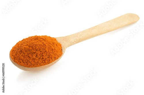 paprika powder and spoon on white