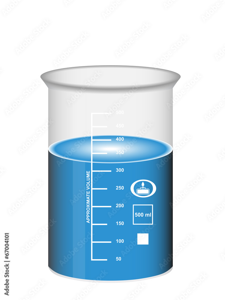 Chemical beaker with blue water solution and scale Chemical beaker with blue water solution and scale