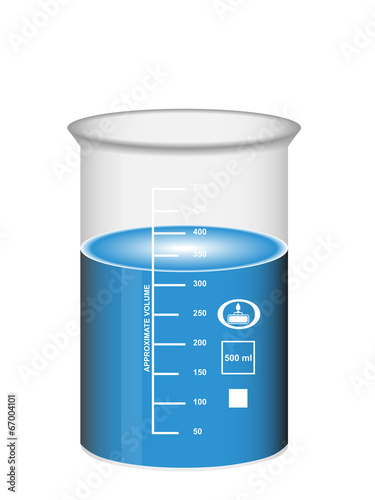 Chemical beaker with blue water solution and scale photo