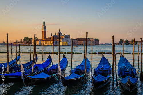 View of gondolas at dawn, Venice, Italy