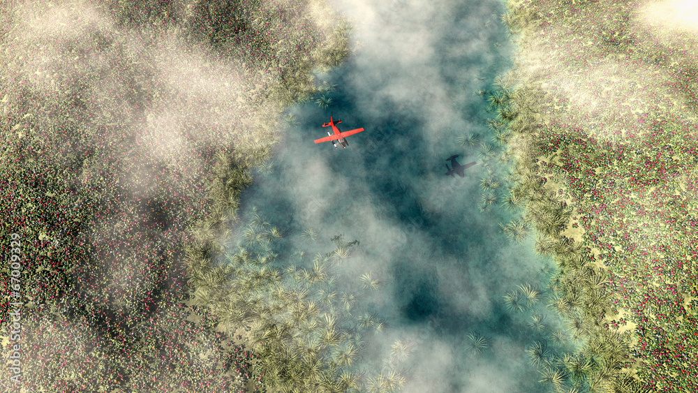 Fototapeta premium Aerial of red airplane flying over spring meadow with river. Som