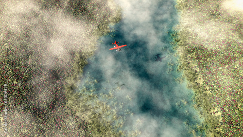 Aerial of red airplane flying over spring meadow with river. Som