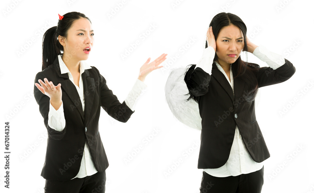 Devil side of a young Asian businesswoman scolding angel side Devil side of a young Asian businesswoman scolding angel side