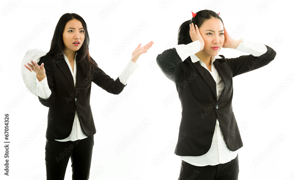 Angel side of a young Asian businesswoman scolding devil side Angel side of a young Asian businesswoman scolding devil side