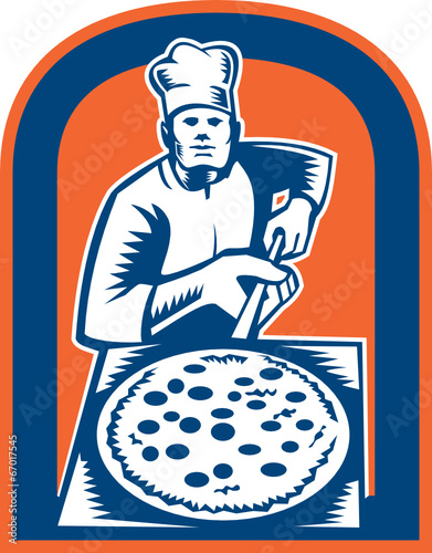 Pizza Maker Holding Pizza Peel Shield Woodcut