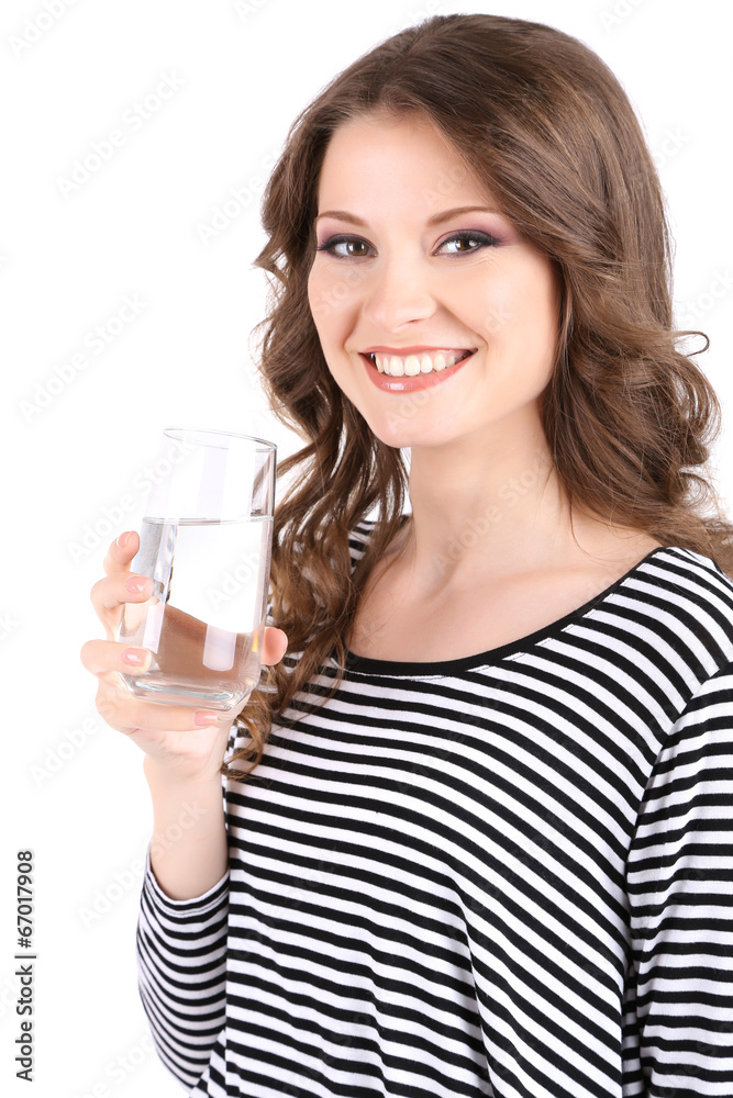 Beautiful young girl drinks water isolated on white Beautiful young girl drinks water isolated on white