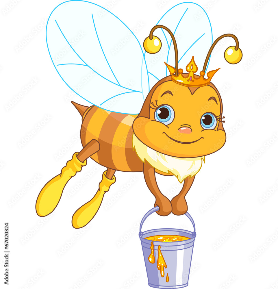 Bee holding a honey bucket - obrazy, fototapety, plakaty 