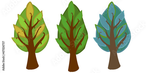 The illustration of three cartoon trees on a white background.
