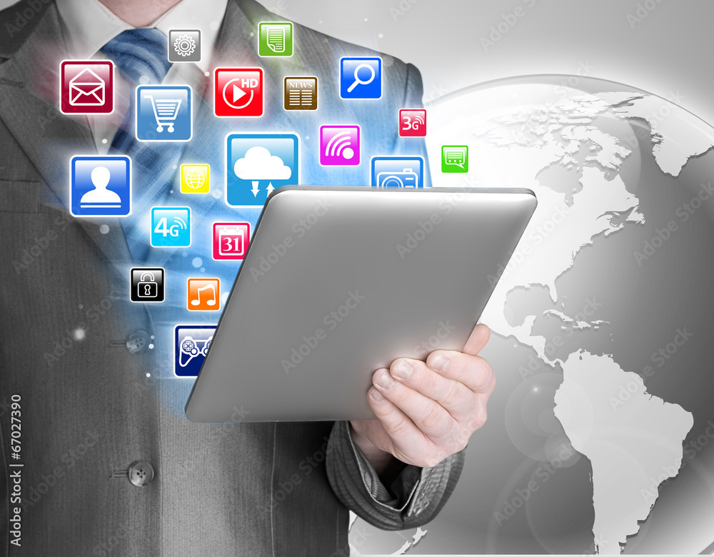 Business man use tablet pc with colorful application icons Business man use tablet pc with colorful application icons