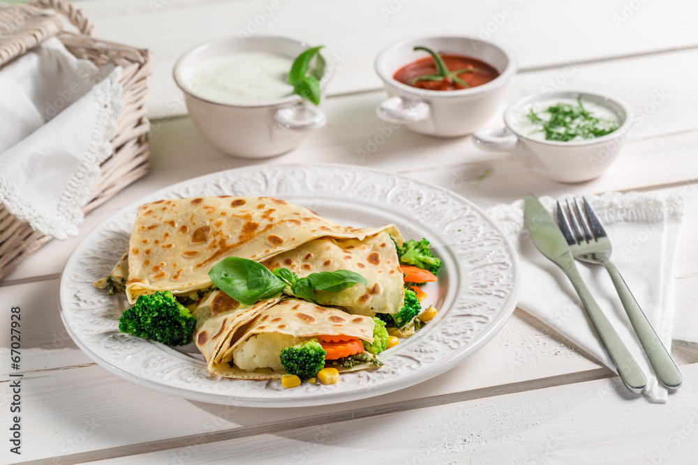 Pancake with vegetables and three sauces Pancake with vegetables and three sauces