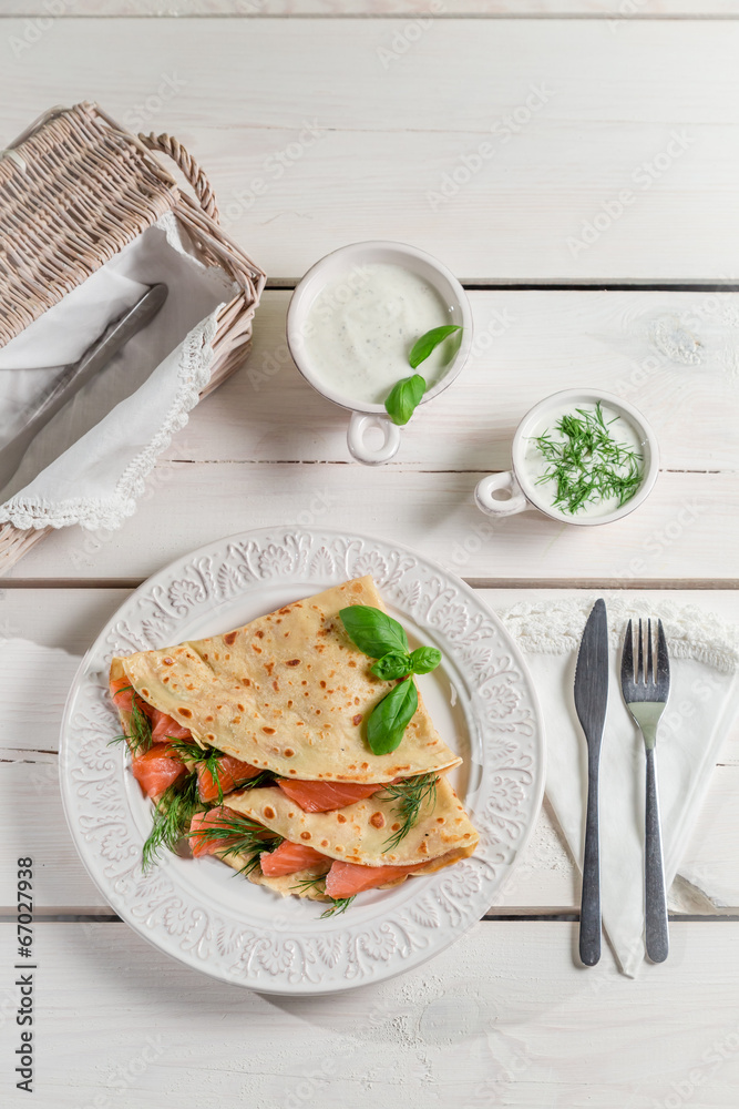 Pancake with salmon and dill