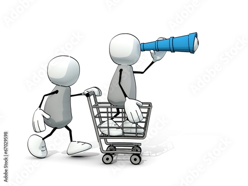 little sketchy men with shopping cart and telescope