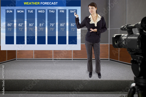 young woman on stage with weather chart and camera