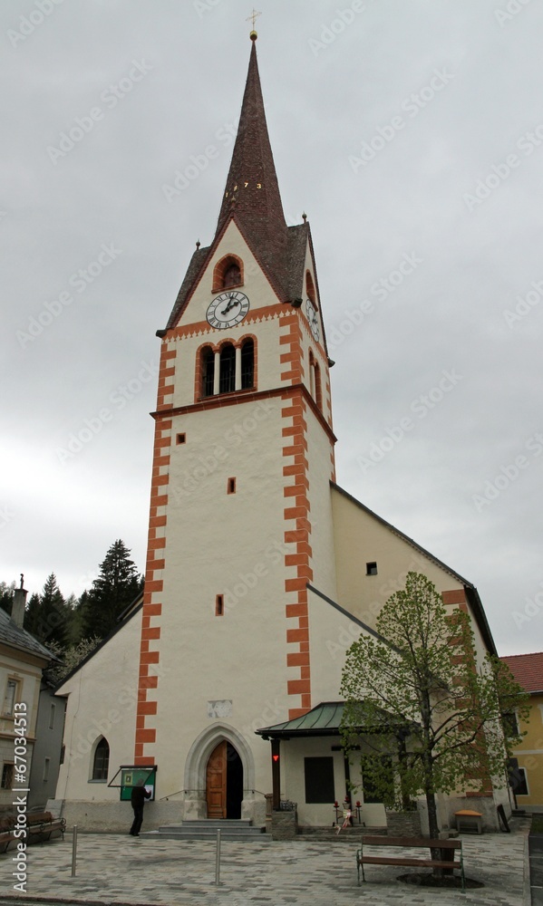 high Bell Tower of the Church of the city of Mauthen, austria
