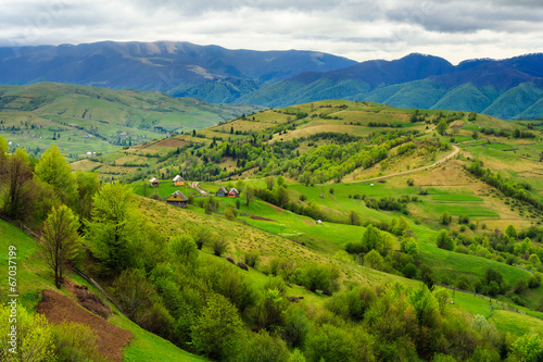 Fotografia village on hillside meadow with forest in mountain