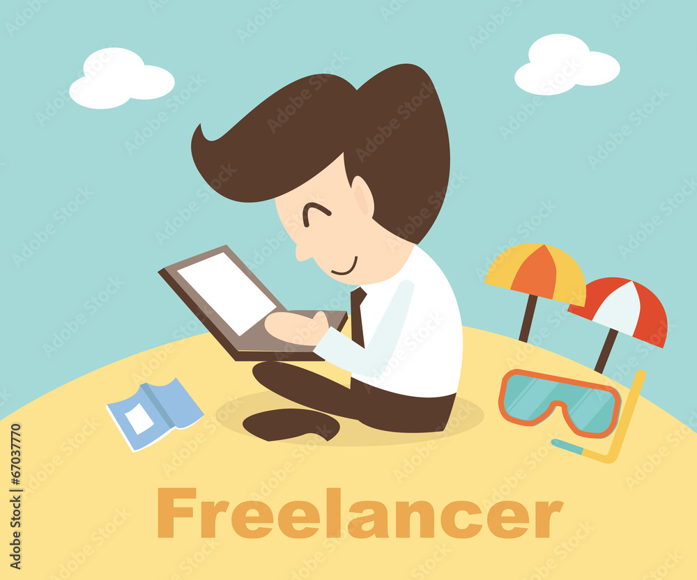 Freelancer concept - business man with laptop relaxing on the be Freelancer concept - business man with laptop relaxing on the be