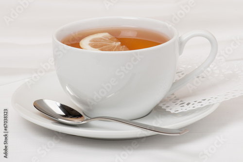 Tea With Lemon Slice In White Cup