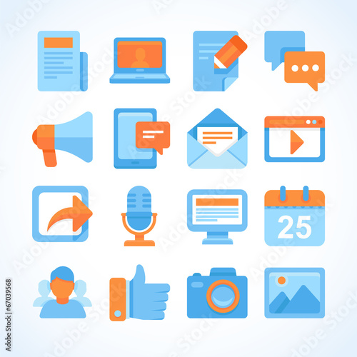 Flat vector icon set of blogging symbols